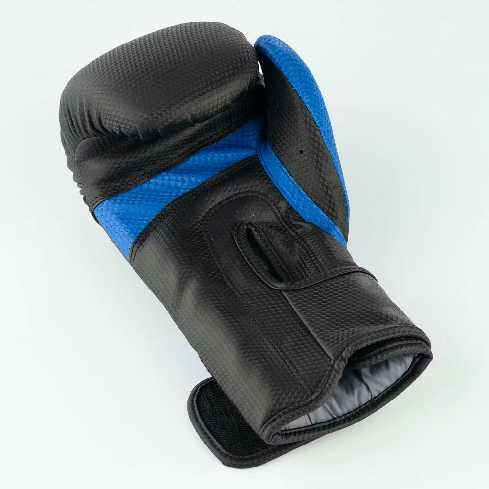 Black and blue Blitz Centurion boxing gloves with padded palms and adjustable straps, designed for training and fight conditioning.