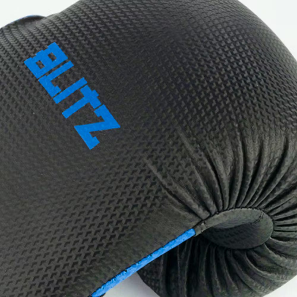 Black and blue Blitz Centurion boxing gloves for training, featuring padded design and secure wrist straps for optimal fit.