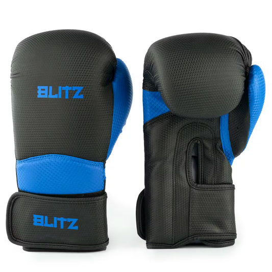 Black and blue Blitz Centurion boxing gloves, premium training gloves with padded wrist support, designed for boxing training.