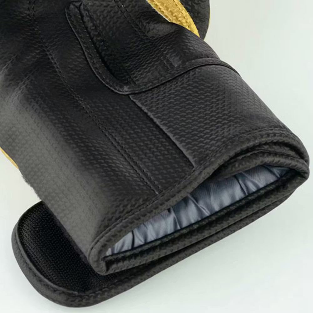 Black and gold Blitz Centurion boxing gloves designed for training, featuring padded construction and secure wrist straps.