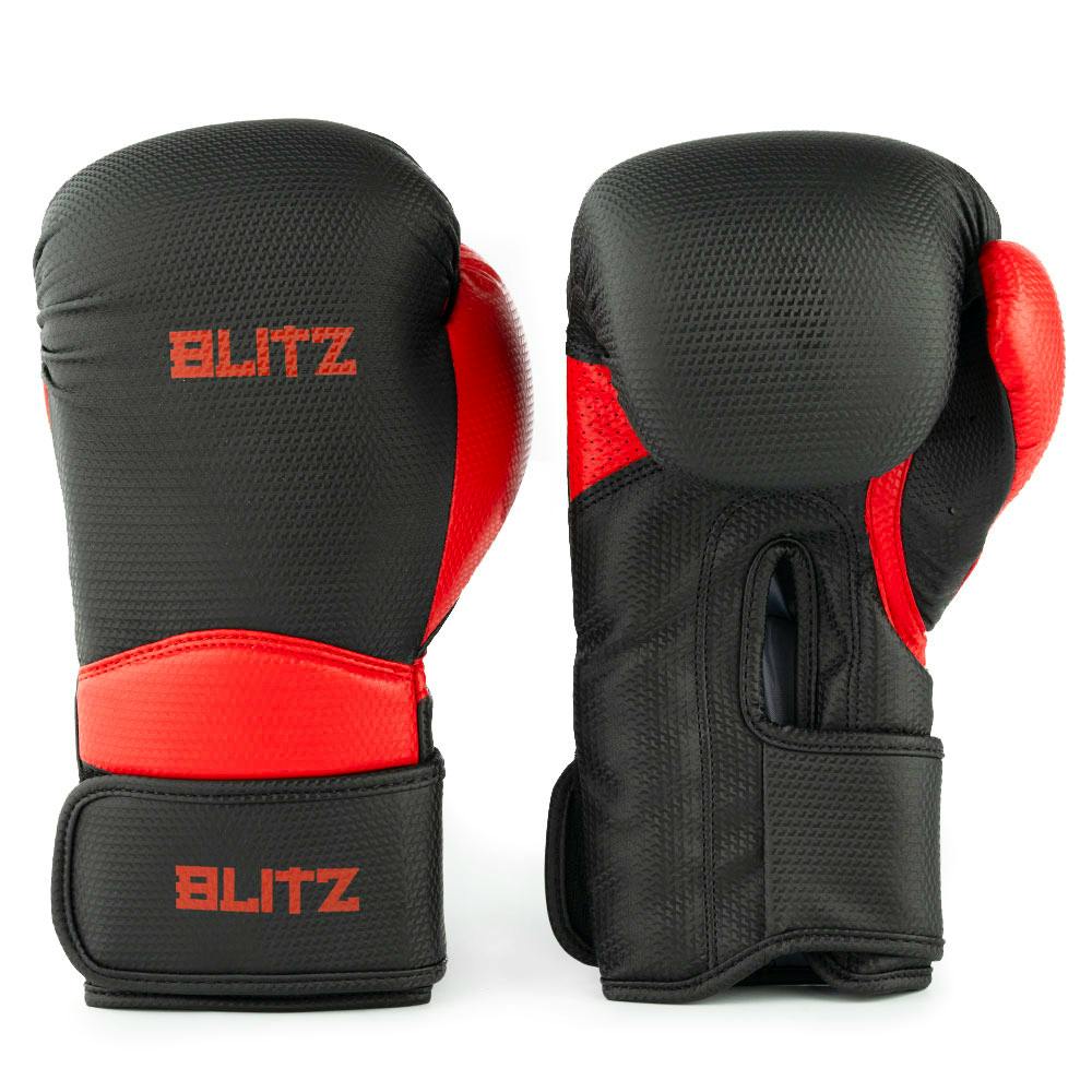 Black and red Blitz Centurion boxing gloves with padded wrists and secure straps, designed for premium boxing training.