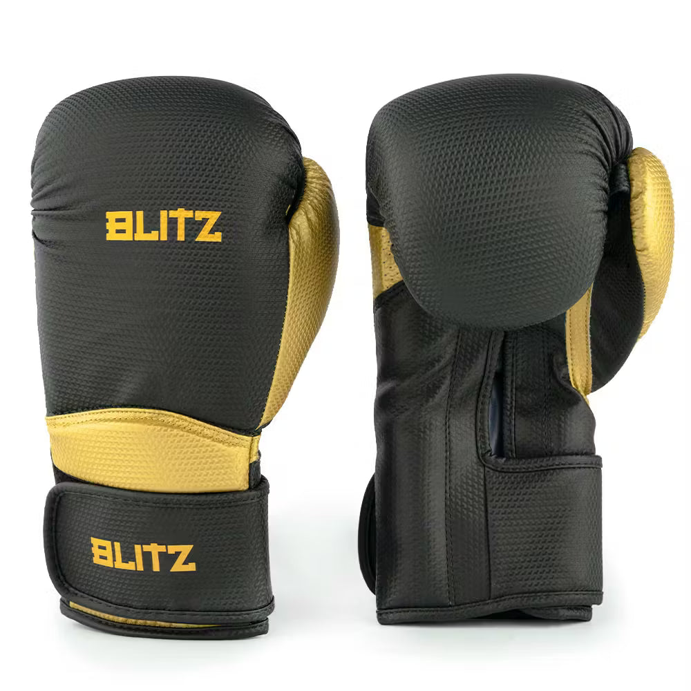 Black Blitz Centurion boxing gloves with padded wrist support, designed for premium training and boxing workouts.