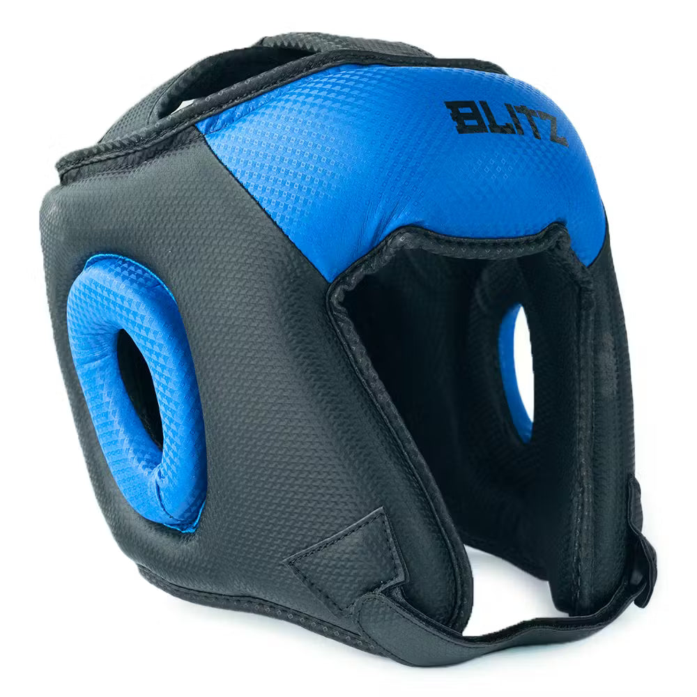 Black and blue Blitz Centurion head guard offering premium head protection, designed for martial arts and combat sports.