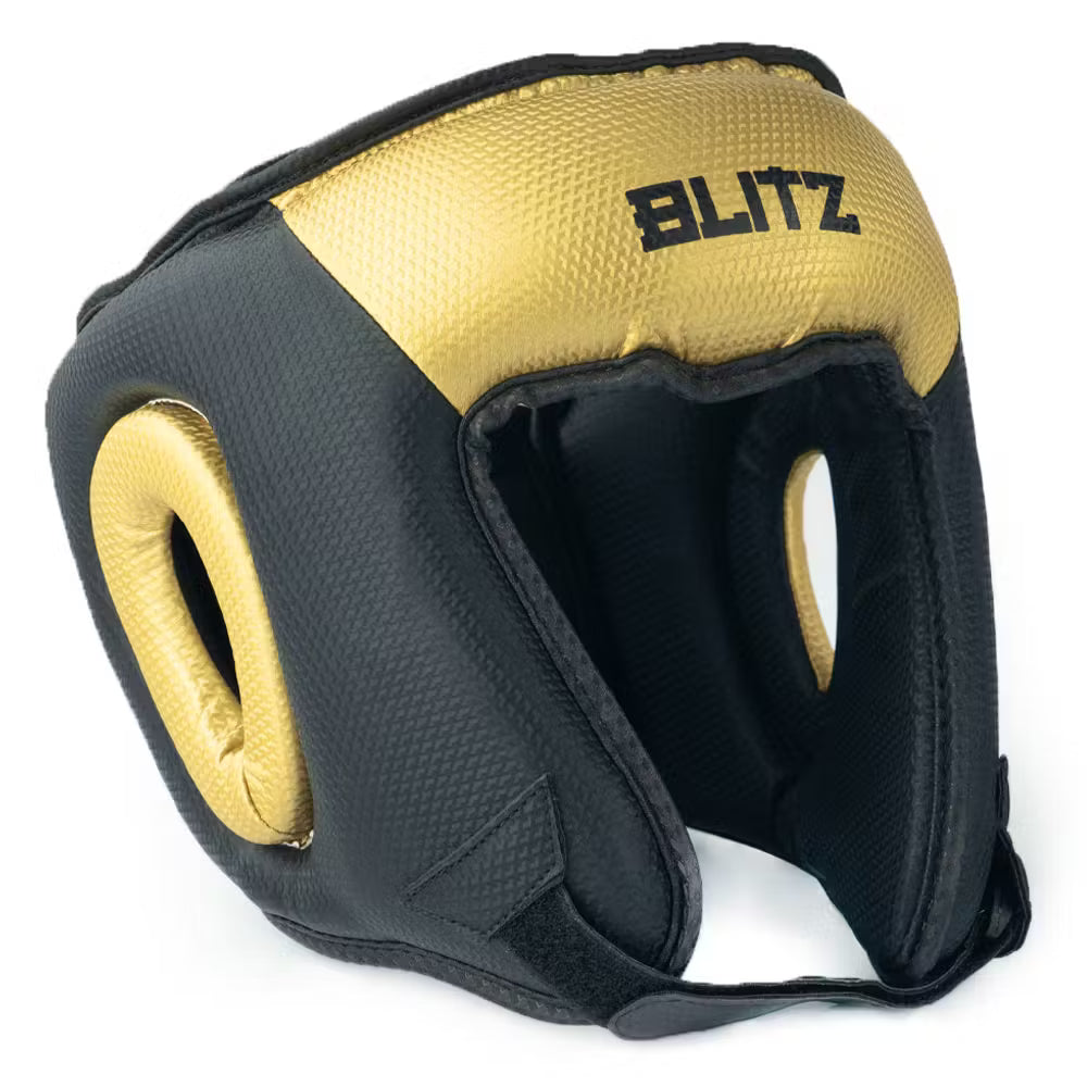 Black and gold Blitz Centurion head guard offering premium head protection, with adjustable straps and padded interior.