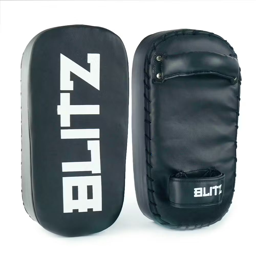 Pair of Blitz Club Thai Pads for Muay Thai training, showing black padded surfaces with handles for striking practice.