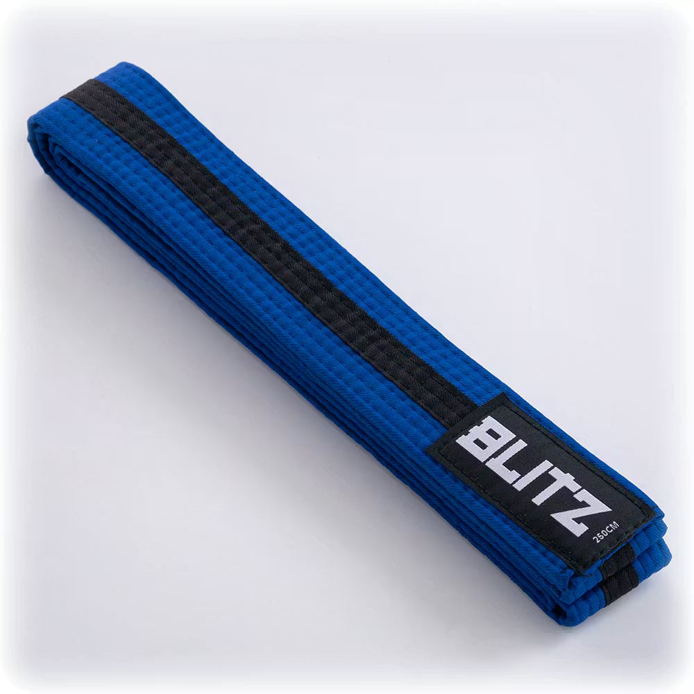 Blue and black Blitz martial arts belt with black stripe, displaying its vibrant colors and woven texture.