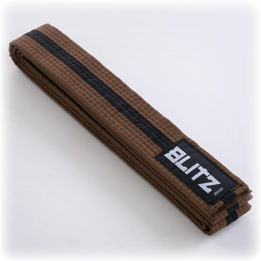 Brown and black Blitz martial arts colour belt with black stripe, used for grading and training in martial arts.