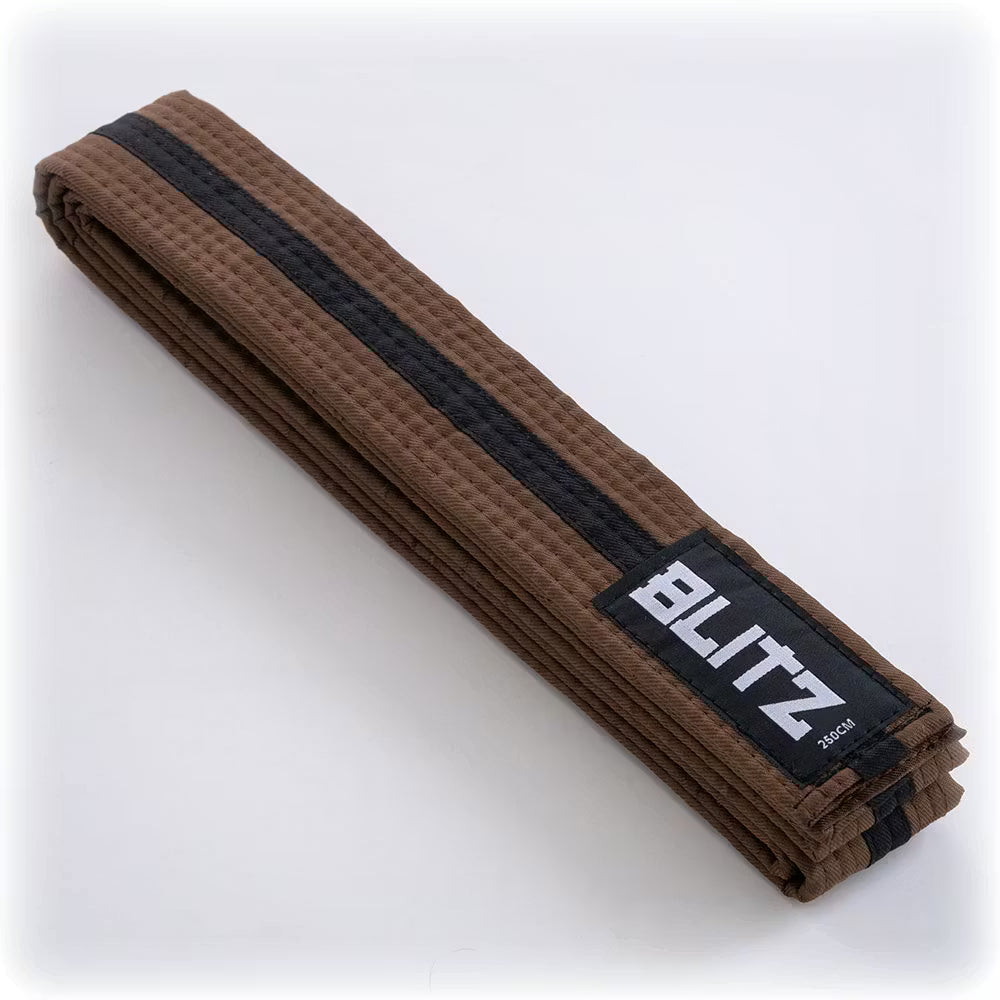 Blitz Colour Belt with Black Stripe, martial arts grading belt in brown and black, made of durable fabric for martial arts training