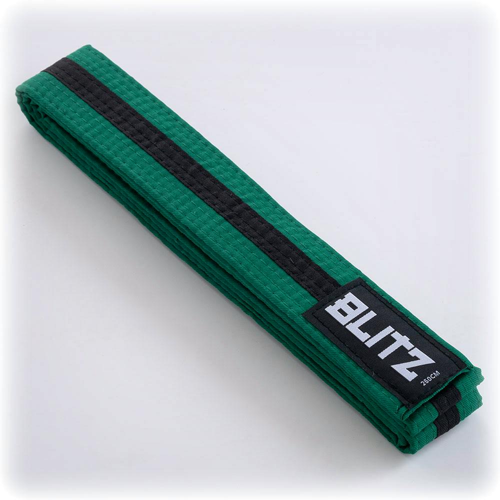 Green and black Blitz martial arts colour belt with black stripe, made of durable fabric for grading and training.