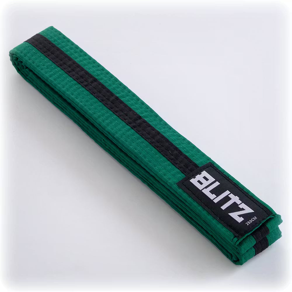 Green and black Blitz martial arts colour belt with black stripe, showing the woven fabric and embroidered brand logo.
