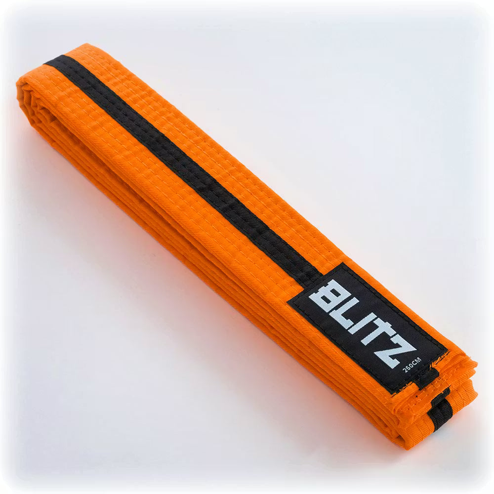 Orange and black Blitz martial arts colour belt with black stripe, worn around the waist for grading and training.