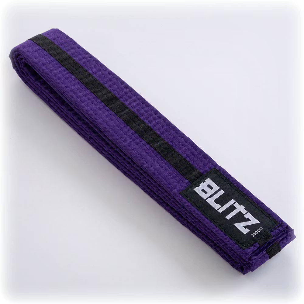 Purple Blitz martial arts belt with black stripe, made of durable fabric, suitable for grading and training.