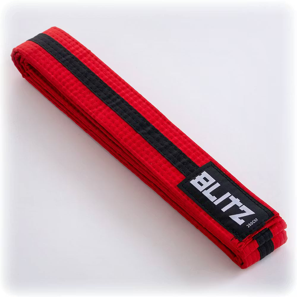 Red and black Blitz martial arts belt with a black stripe, made of durable fabric, used for grading and training.