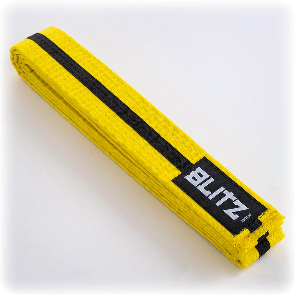 Yellow and black Blitz martial arts belt with a black stripe, made of durable fabric, suitable for grading tests.
