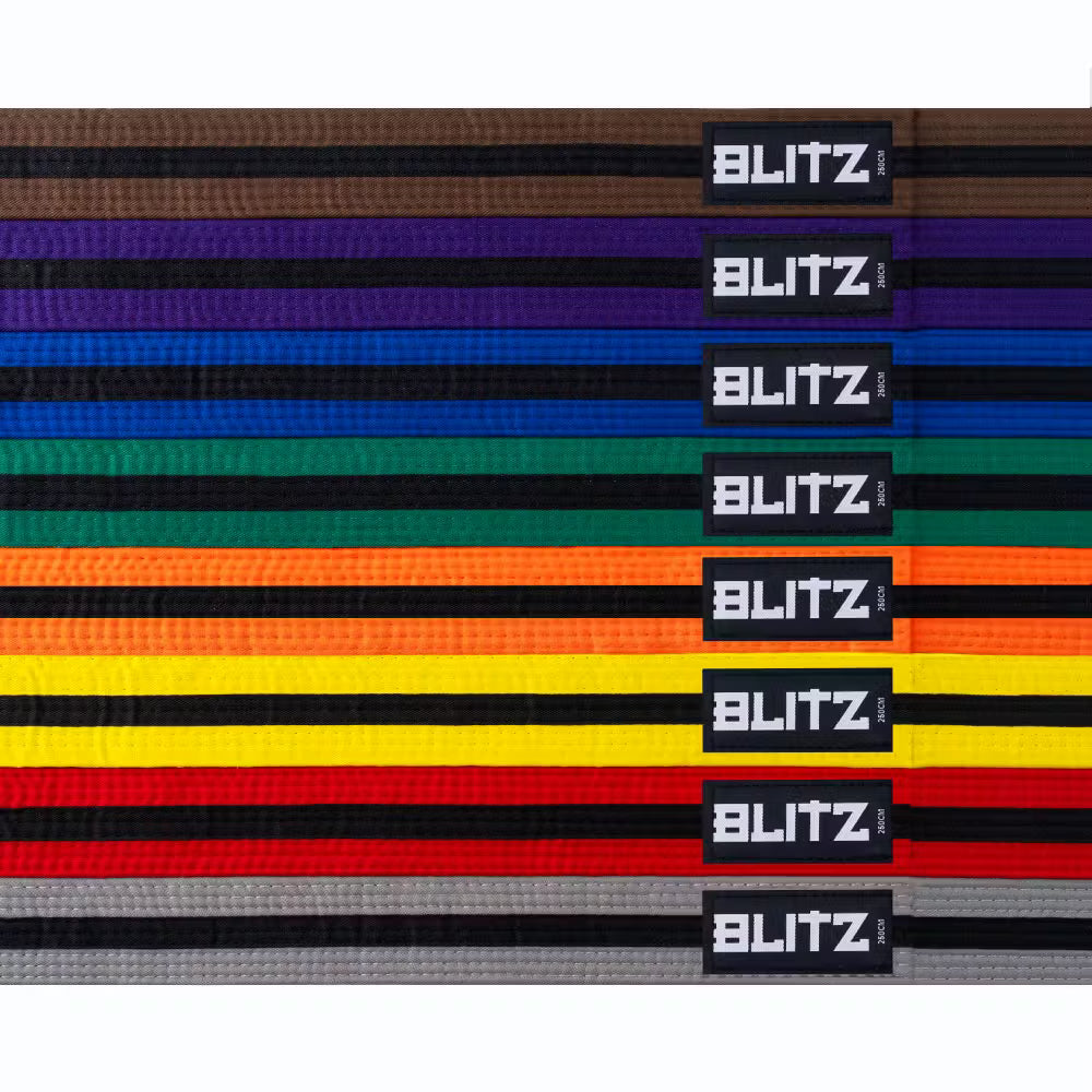 Black stripe martial arts grading belt from Blitz, vibrant color belt with black stripe detail, ideal for martial arts uniforms.