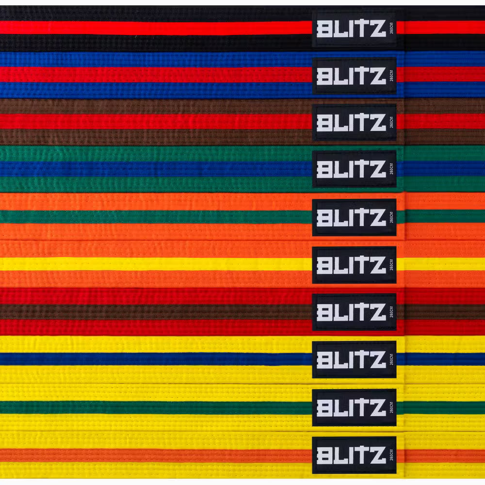 Blitz martial arts colour belt with 4.5cm width, featuring colorful stripes, used for grading in martial arts training.