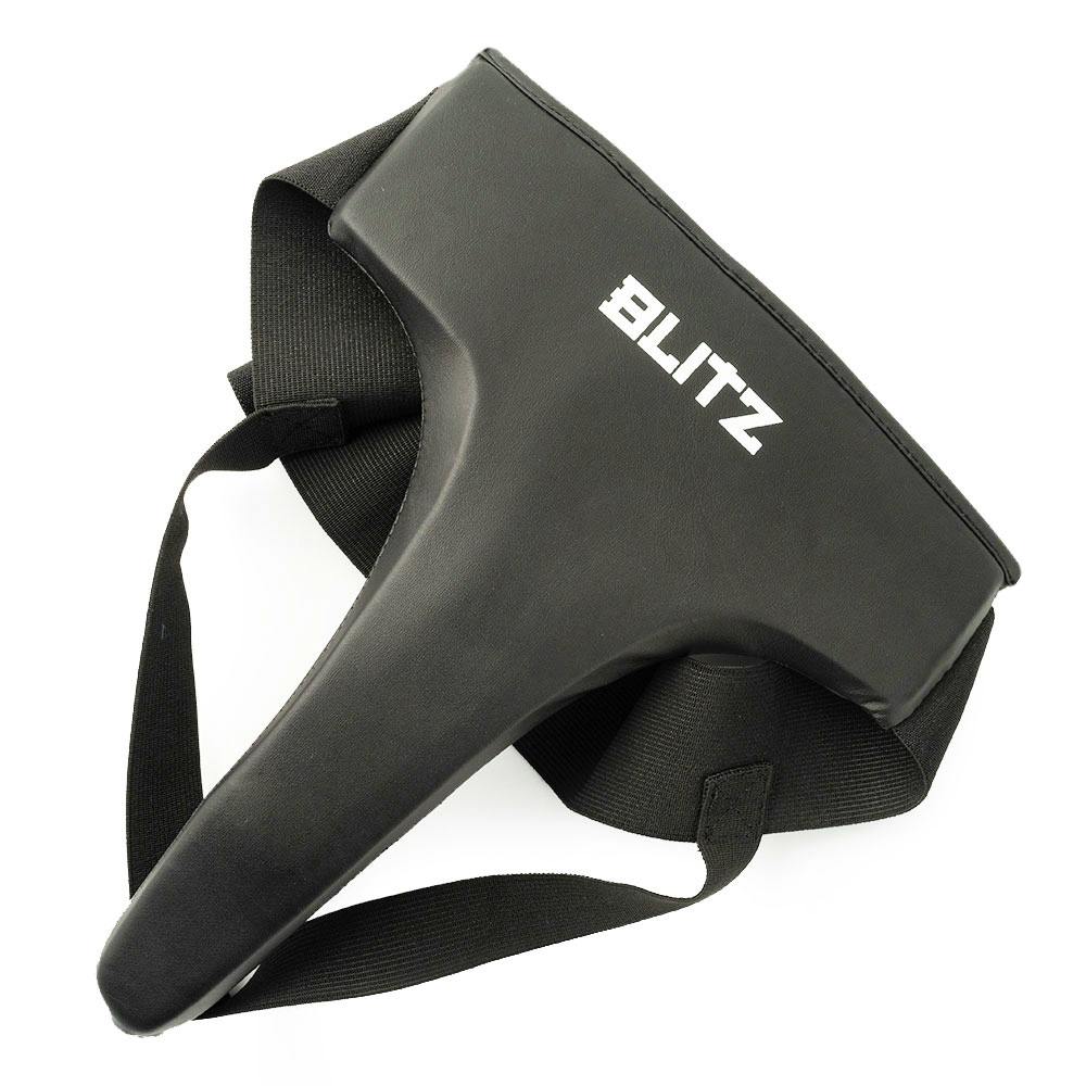 Black Blitz Deluxe Female Groin Guard for women's protection, featuring a comfortable, protective design with adjustable straps.