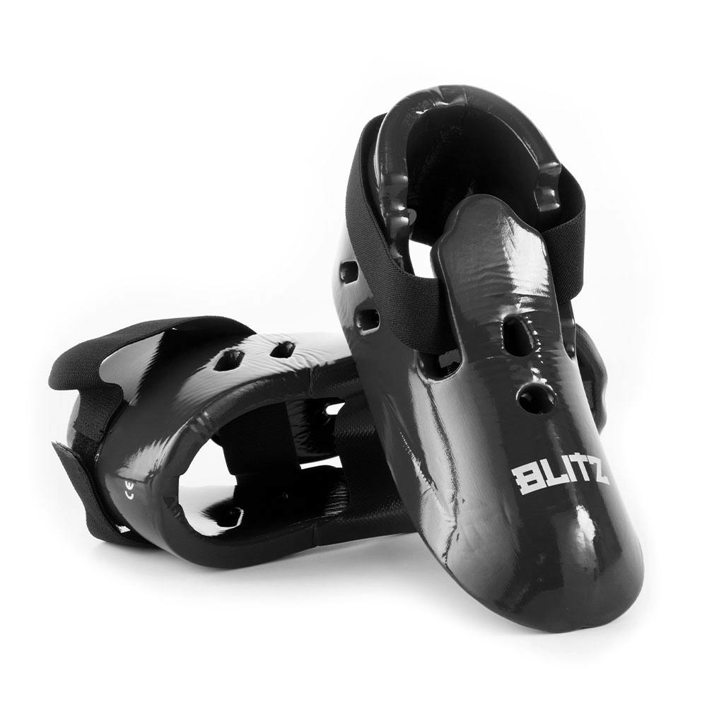 Black Blitz dipped foam foot guards providing lightweight protection for sports or martial arts activities.