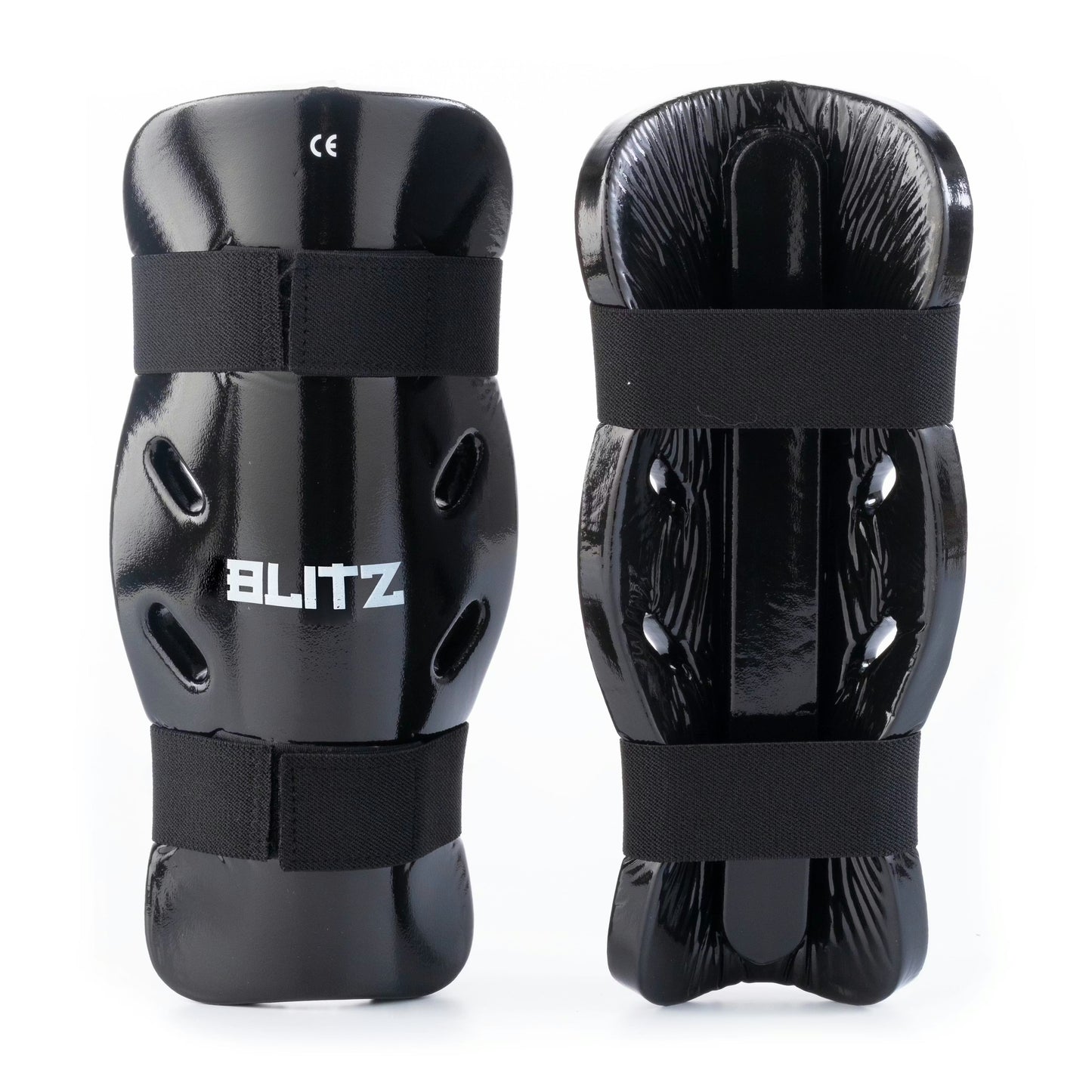 Black Blitz dipped foam shin guards offering lightweight protection with padded dipped foam for impact absorption.