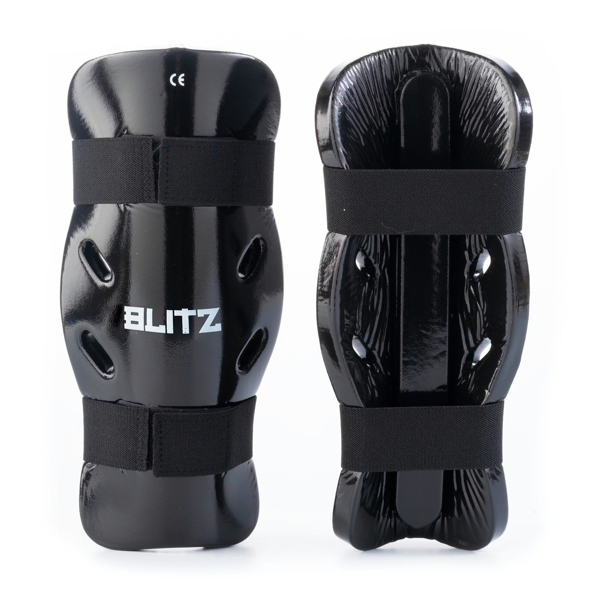 Black Blitz dipped foam shin guards offering lightweight protection with padded dipped foam for impact absorption.