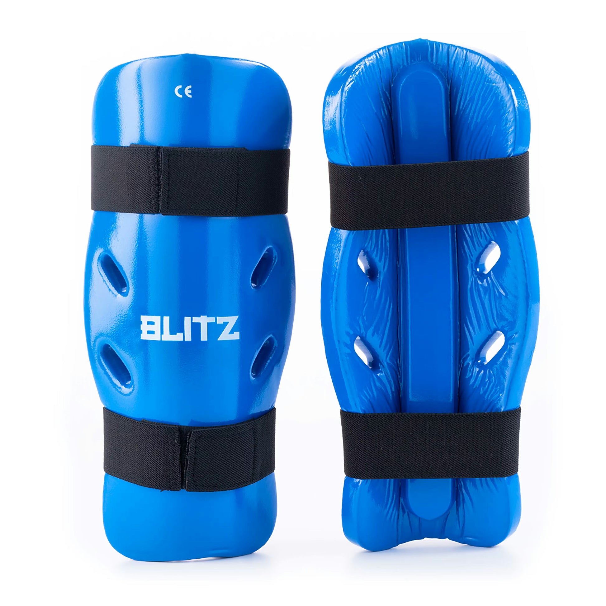Blue Blitz Dipped Foam Shin Guards offering lightweight protection with padded dipped foam for sports or martial arts.