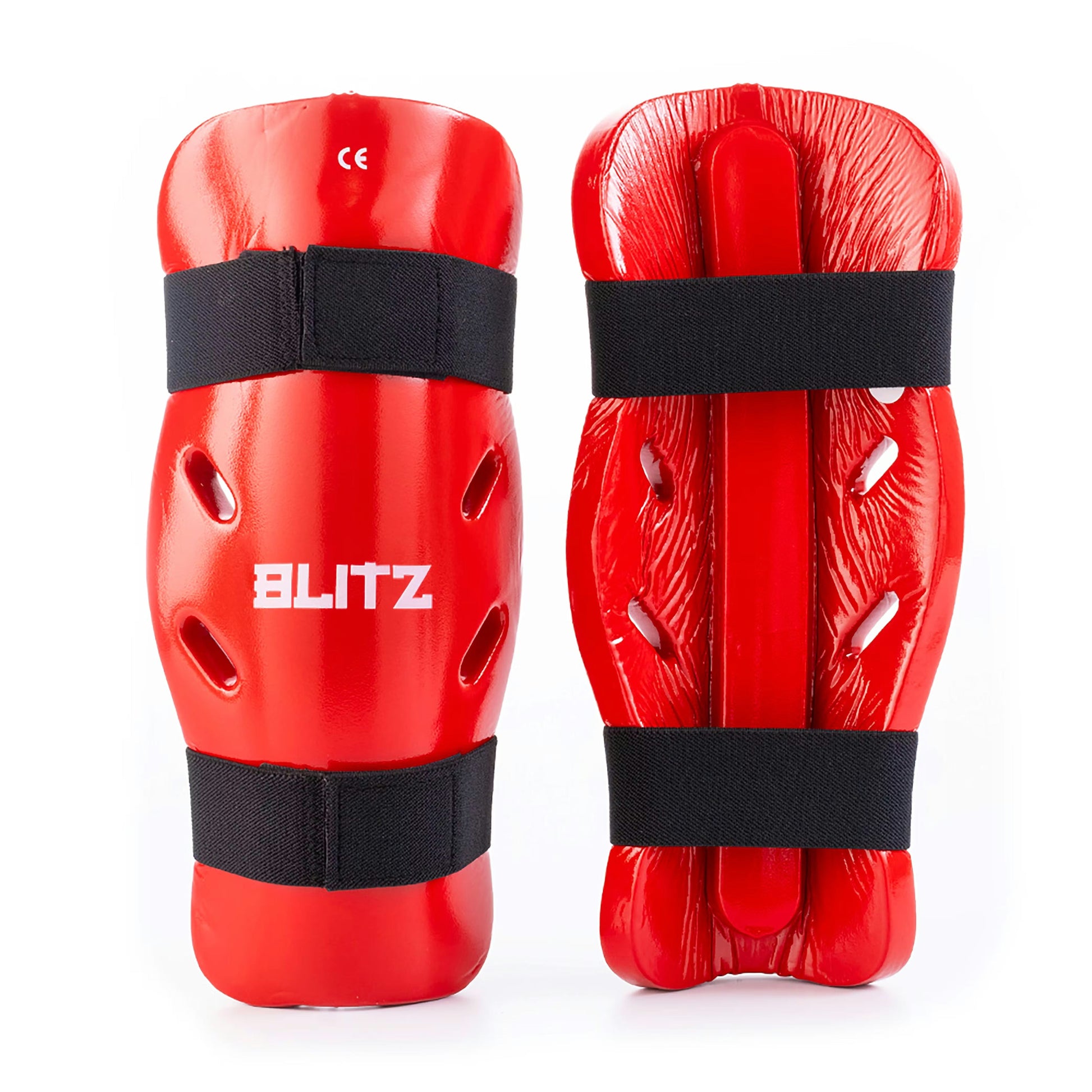Red Blitz dipped foam shin guards for lightweight protection, showing padded foam exterior and adjustable straps for secure fit.