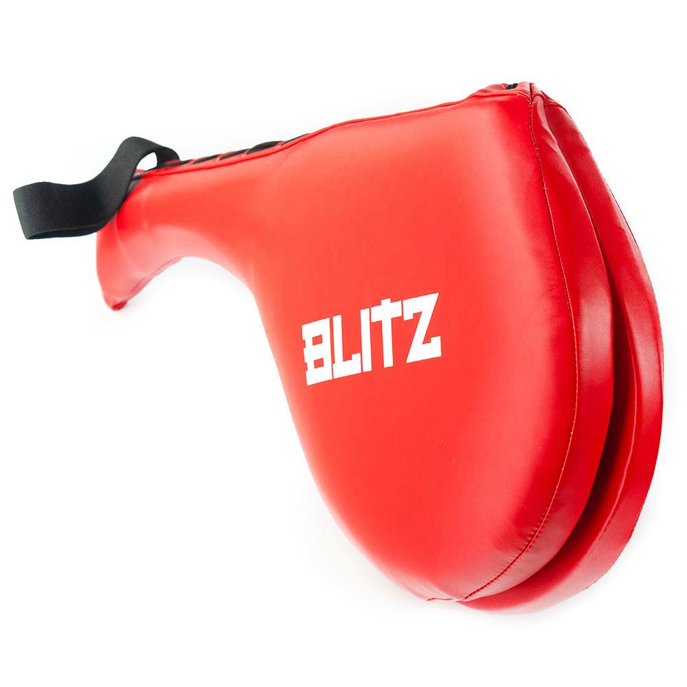 Red Blitz Double Bat Thai pads for Taekwondo and karate training, featuring durable padding and handles for martial arts practice.