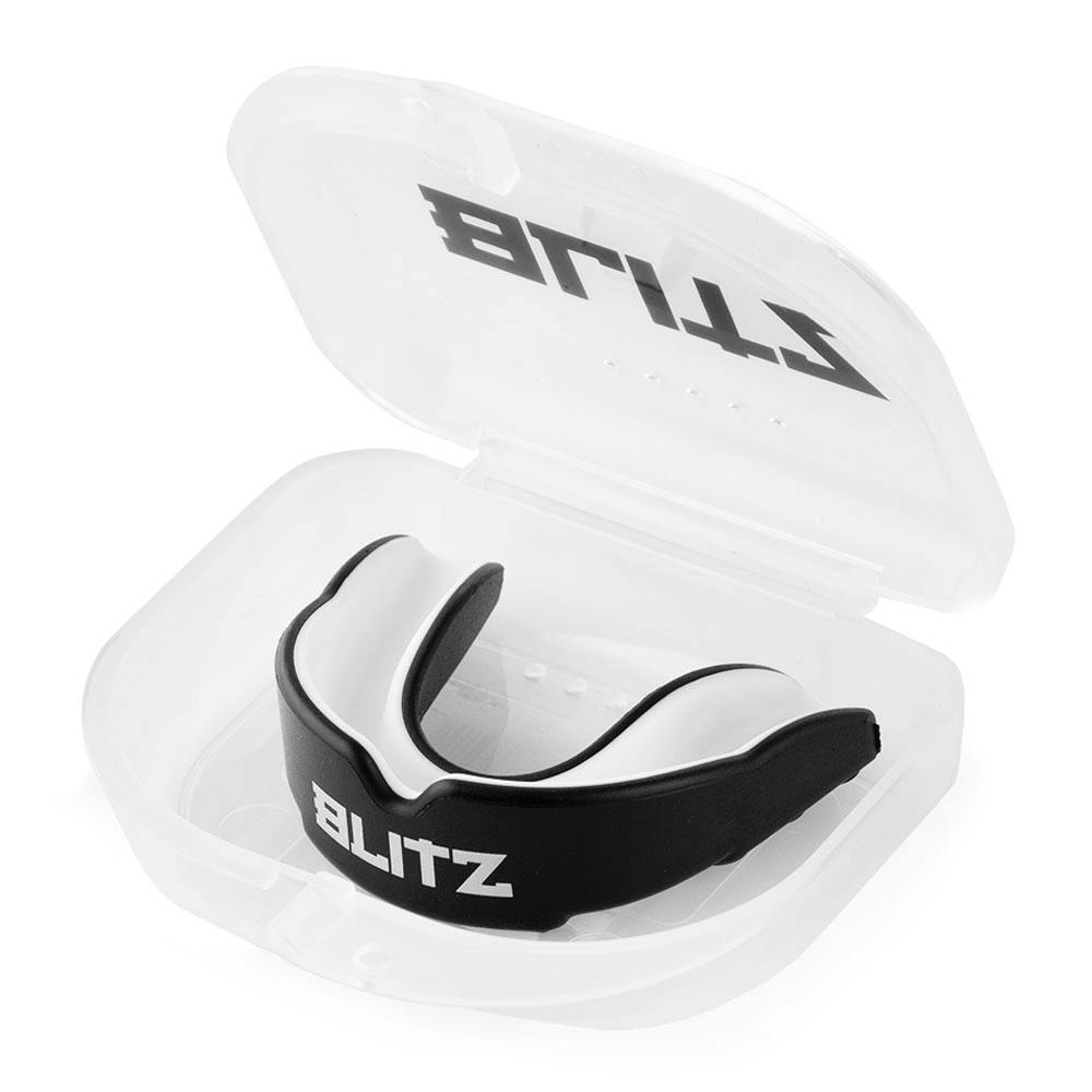 Black Blitz double-layer mouth guard providing superior teeth protection, designed for sports and athletic use.