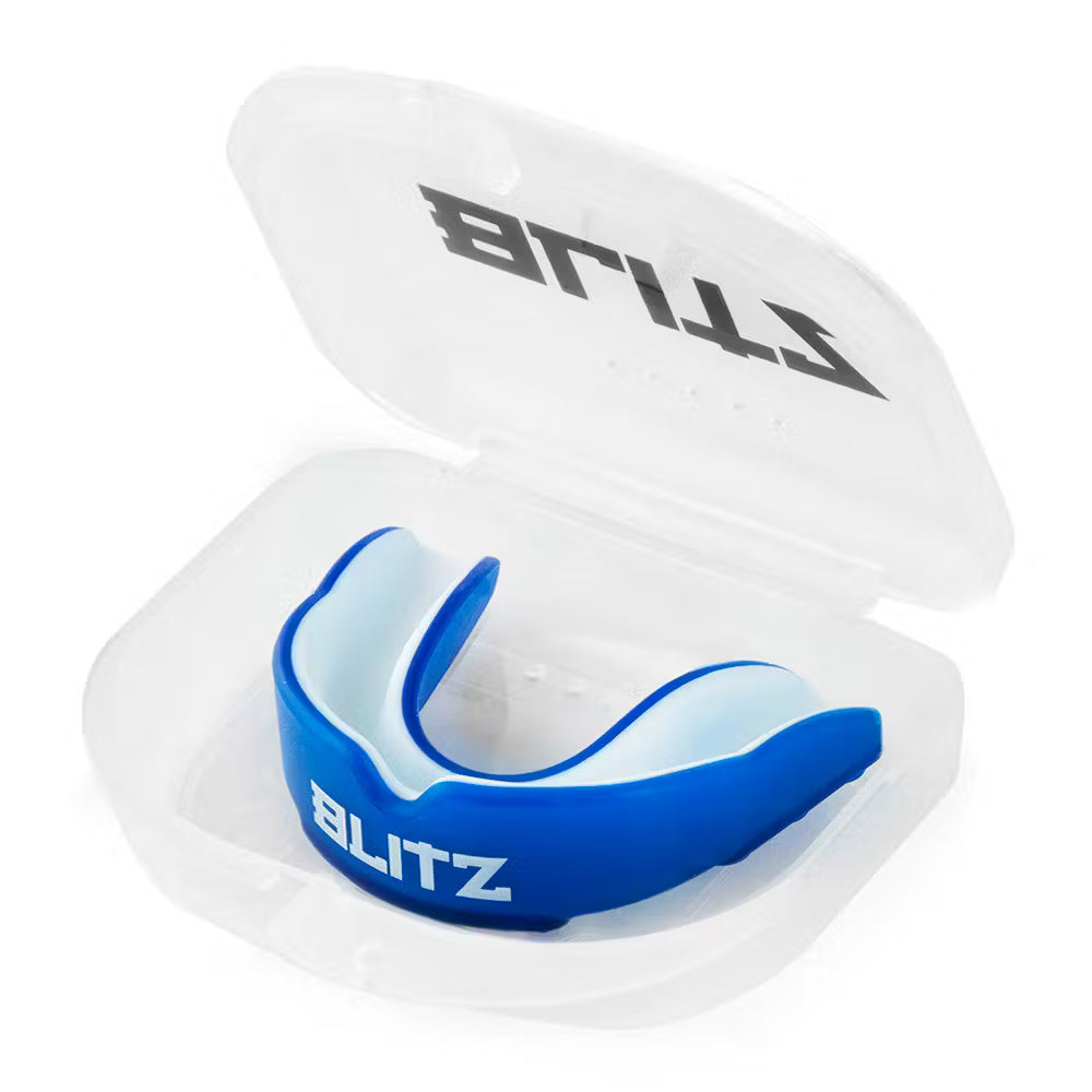 Blue Blitz double layer mouth guard providing superior teeth protection, shown in a close-up image suitable for sports use.