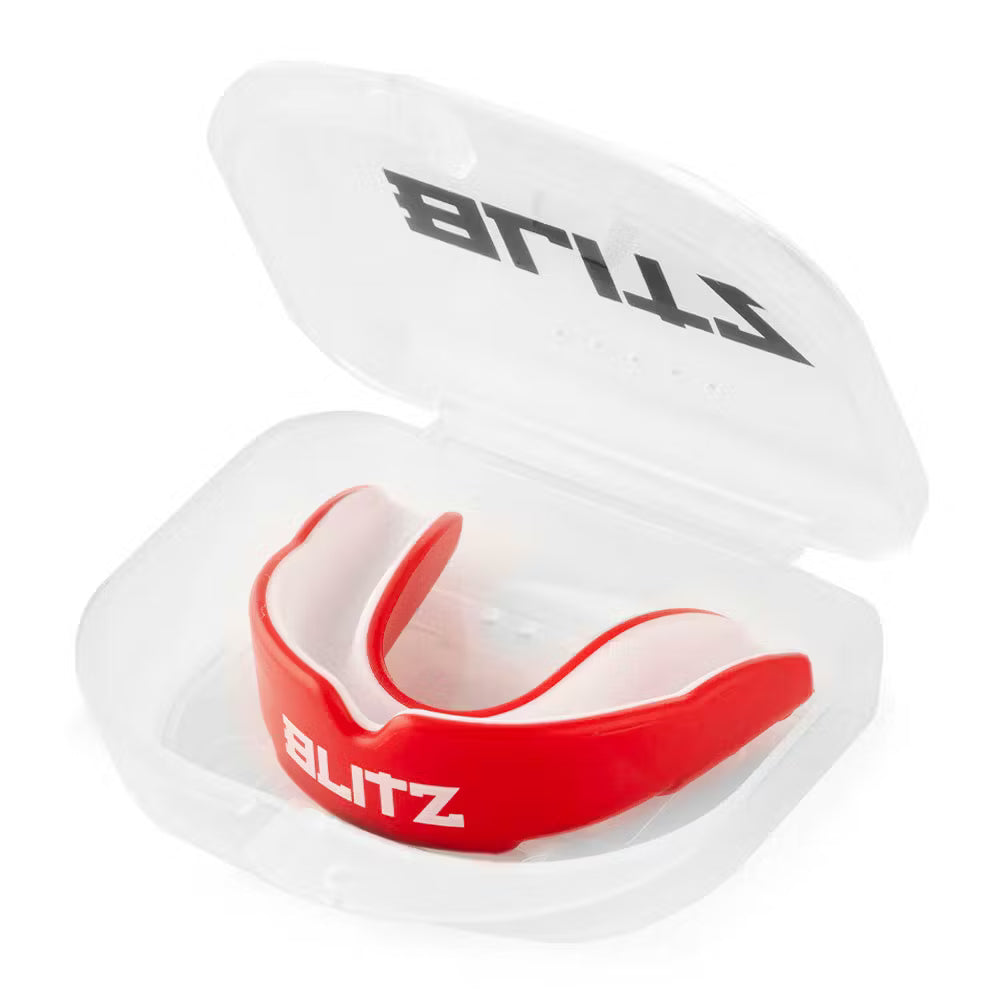 Red Blitz double layer mouth guard providing superior teeth protection, designed for sports and athletic use.