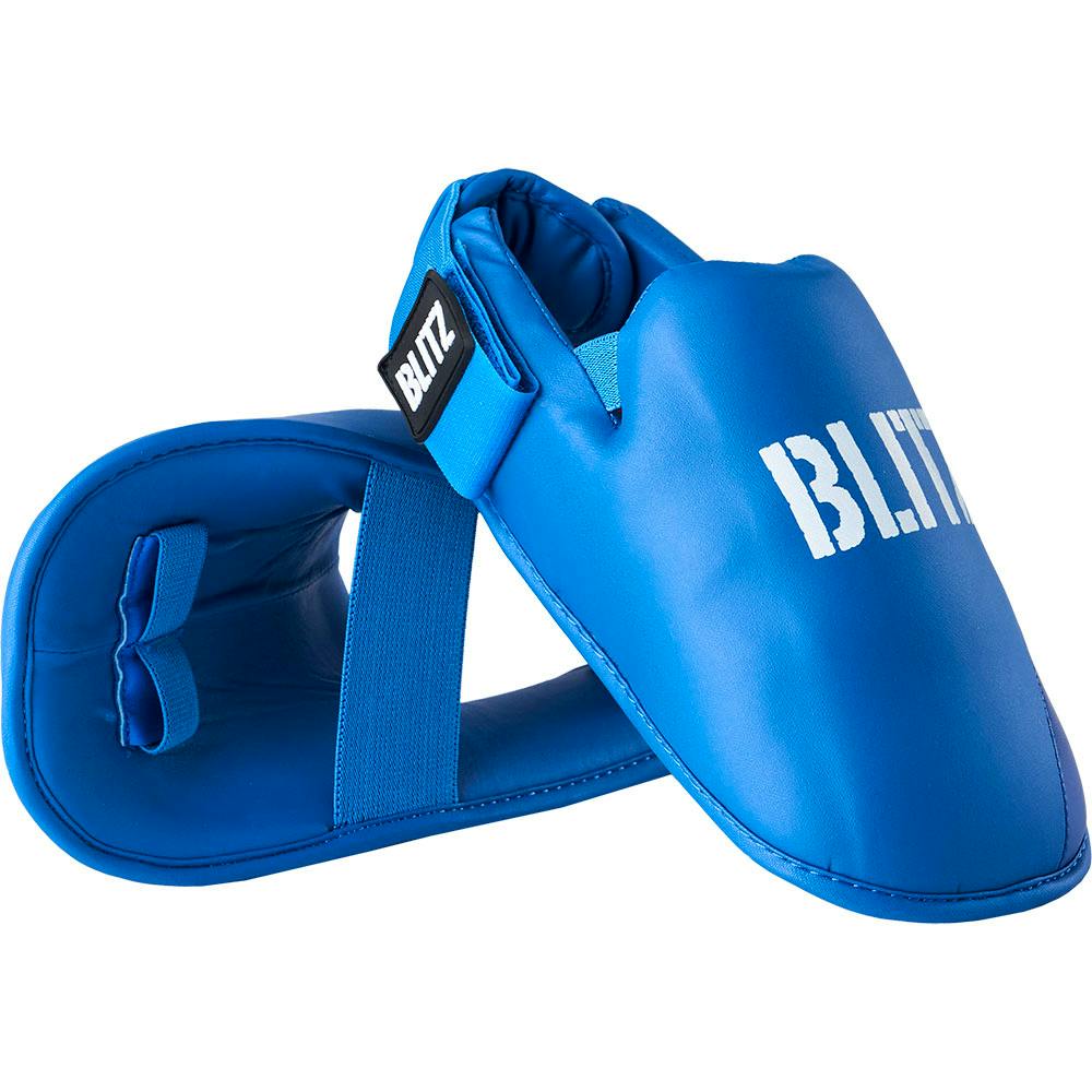Blue Blitz Elite Karate Foot Guards made of Nama Hide leather, designed for protection during martial arts training.