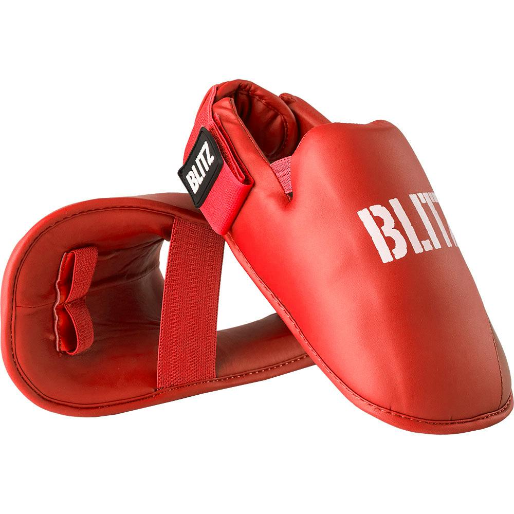 Red Blitz Elite Karate Foot Guards made of Nama Hide leather, designed for protection and support during martial arts training.