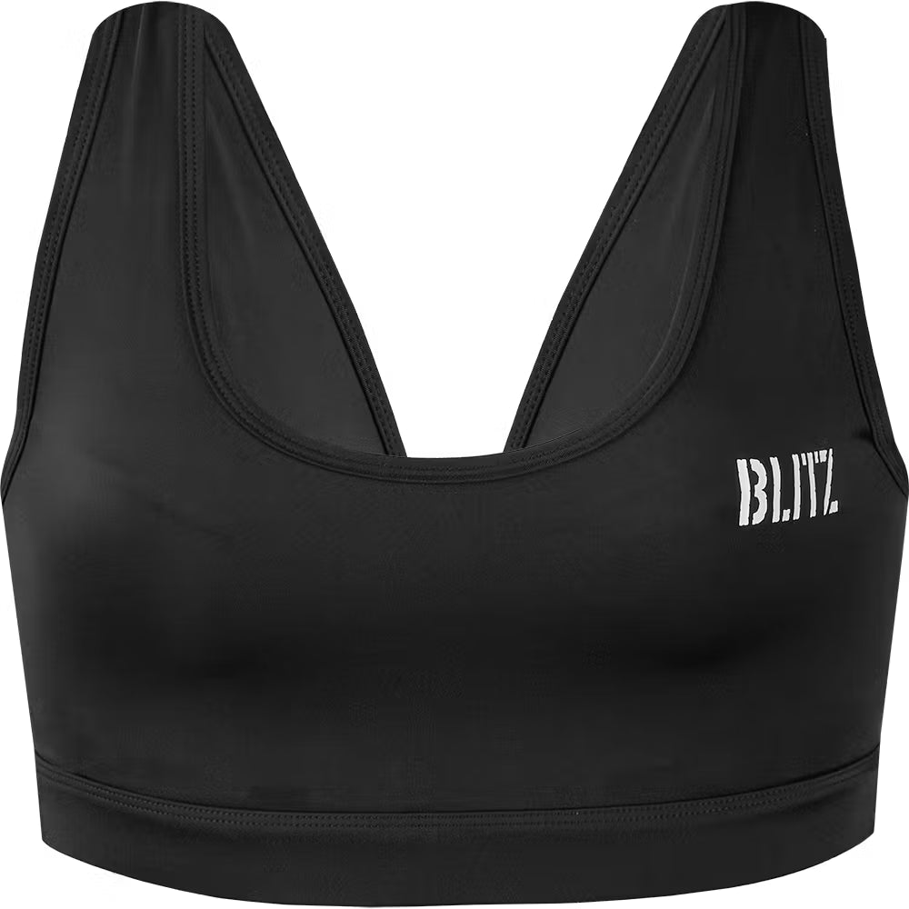 Black Blitz Female Cool Guard Sports Bra with built-in guard pockets, designed for women's protection and comfort during physical activity.