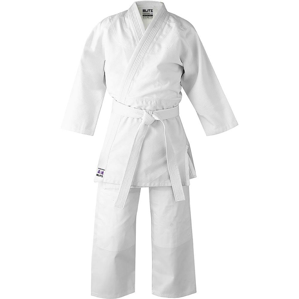 White Blitz Fudoshin Judo Gi made of 550g durable fabric, shown on a hanger with clean stitching and reinforced collar.