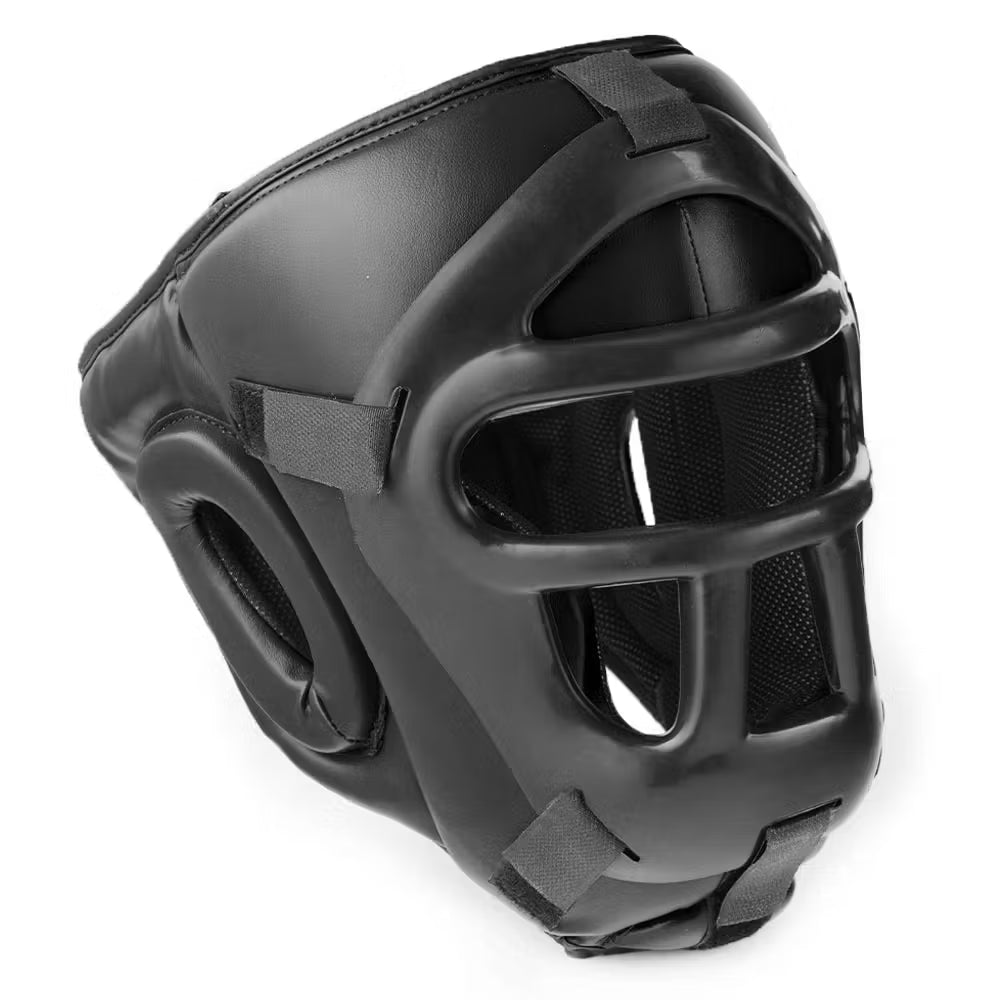Black Blitz full contact head guard with detachable face grill, designed for protection during martial arts training.