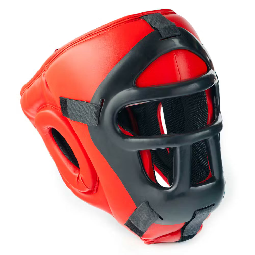 Red Blitz full contact head guard with detachable face grill, designed for protection during boxing or martial arts training.
