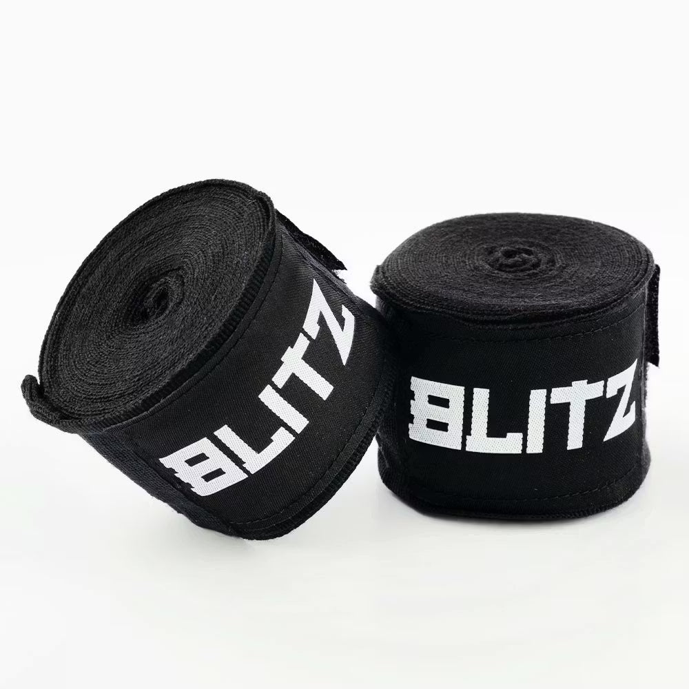 Black Blitz boxing hand wraps for hand protection, showing the fabric and Velcro closure for secure fit.