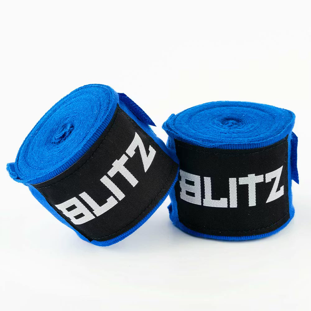 Blue Blitz boxing hand wraps providing wrist and knuckle protection, designed for secure and comfortable hand support during training.
