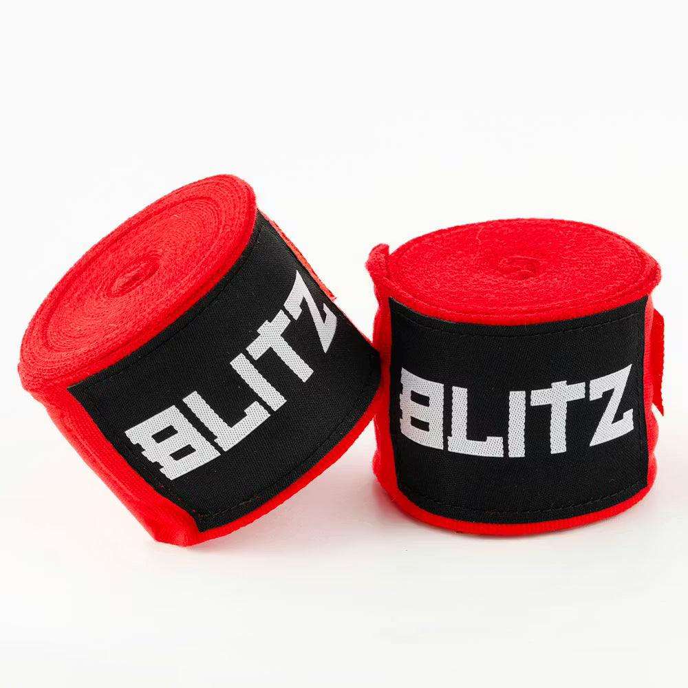 Red Blitz boxing hand wraps providing protective support for hands during training and matches.