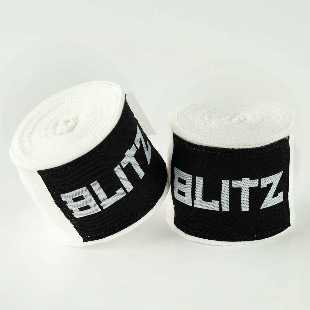 White Blitz boxing hand wraps for hand protection, showing the fabric and velcro closure for secure fit during training.