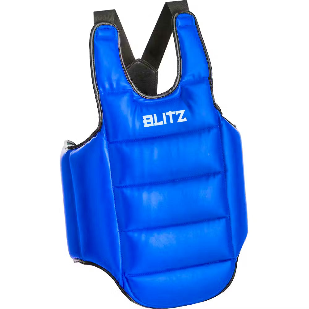 Blue and red Blitz Intercept reversible body protector with chest protection, made of durable body armor material.