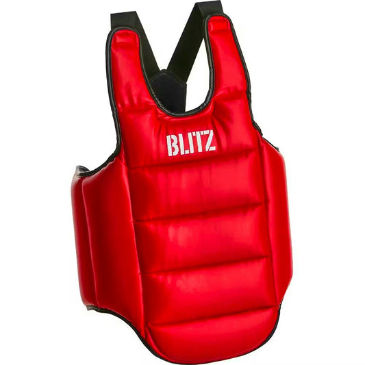Blitz Intercept reversible body protector with chest armor in blue and red, designed for impact protection and safety.