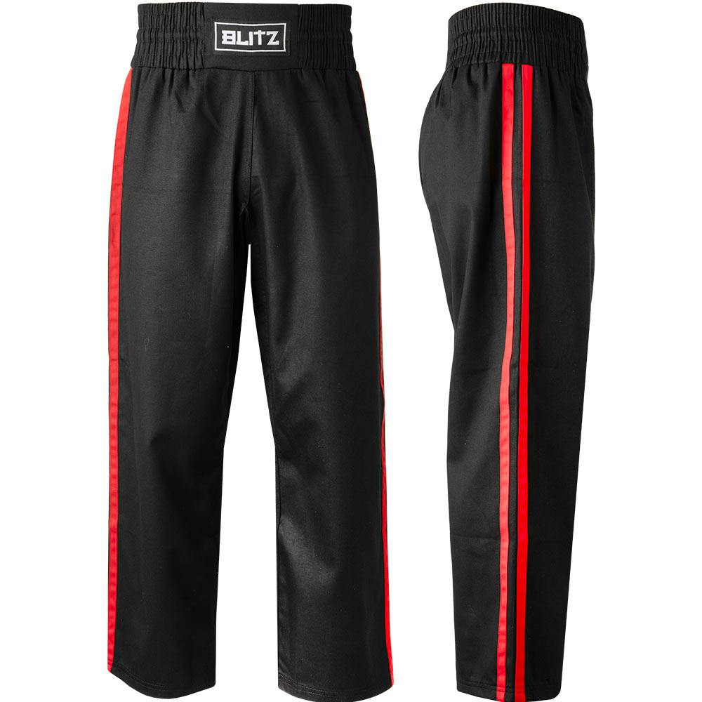 Black and red Blitz Kids classic polycotton martial arts trousers for youth training, featuring a comfortable fit and sturdy fabric.