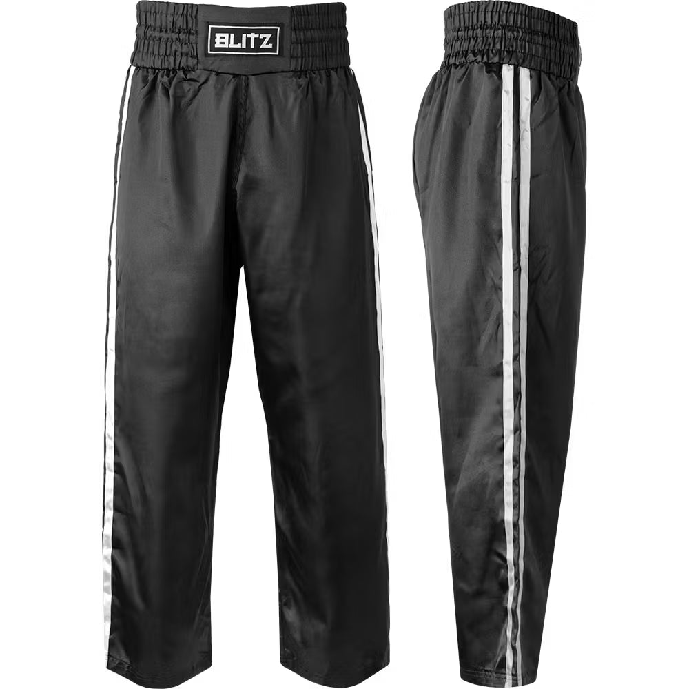 Black and white Blitz Kids Classic Satin Martial Arts Trousers for training, featuring a comfortable fit and sleek satin fabric.