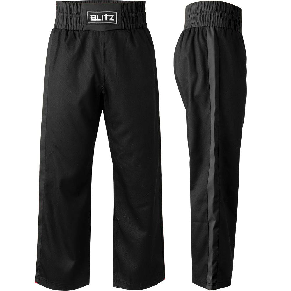 Black Blitz Kids Defiant Kickboxing Trousers for youth training, made of polycotton, featuring an athletic fit and branded logo.