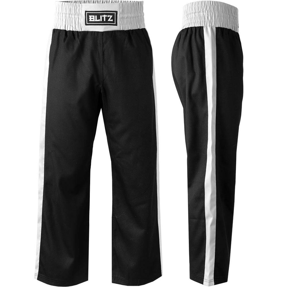 Black and white Blitz Kids Defiant Kickboxing Trousers for youth training, featuring a comfortable polycotton fabric and athletic fit.