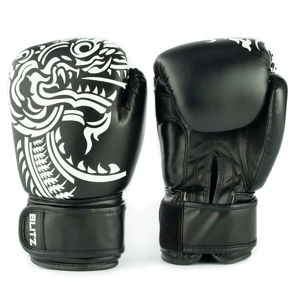 Black Blitz Kids Firepower Muay Thai boxing gloves, 6oz youth training gloves with padded wrist support and secure velcro strap.