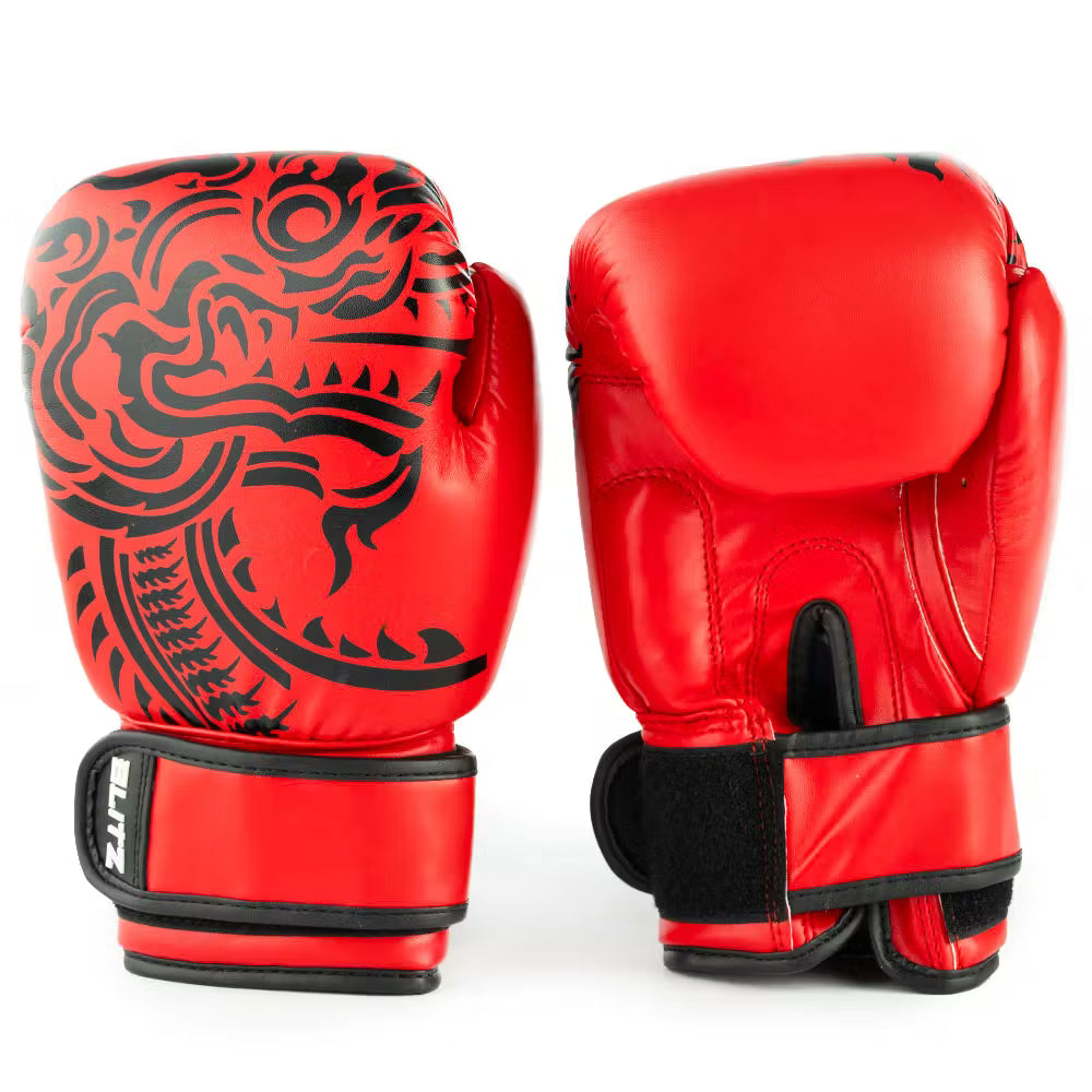 Red Blitz Kids Firepower Muay Thai boxing gloves for youth, 6oz, designed for training and sparring in martial arts.