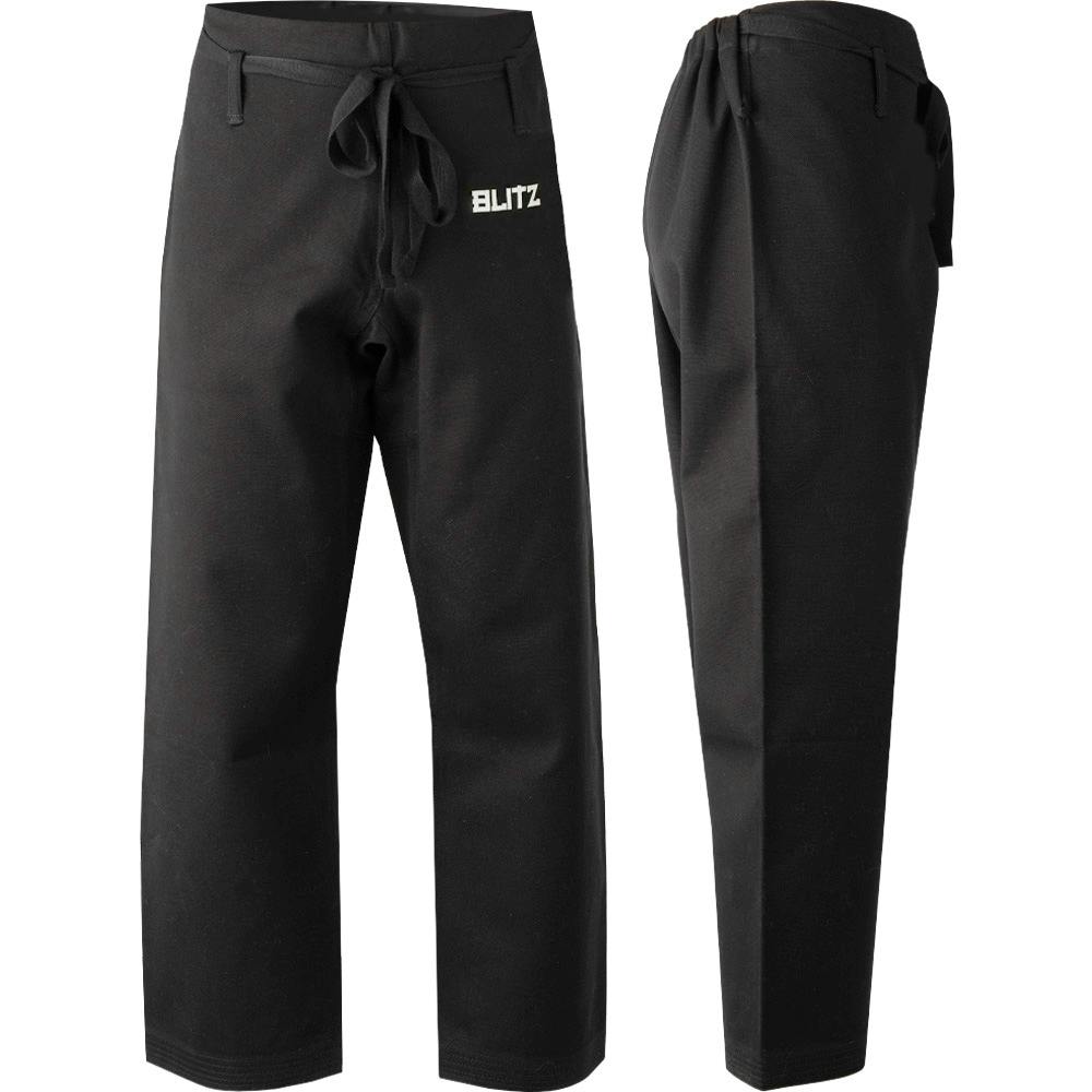 Black Blitz Kids heavyweight martial arts trousers with reinforced stitching and elastic waistband, designed for young practitioners.