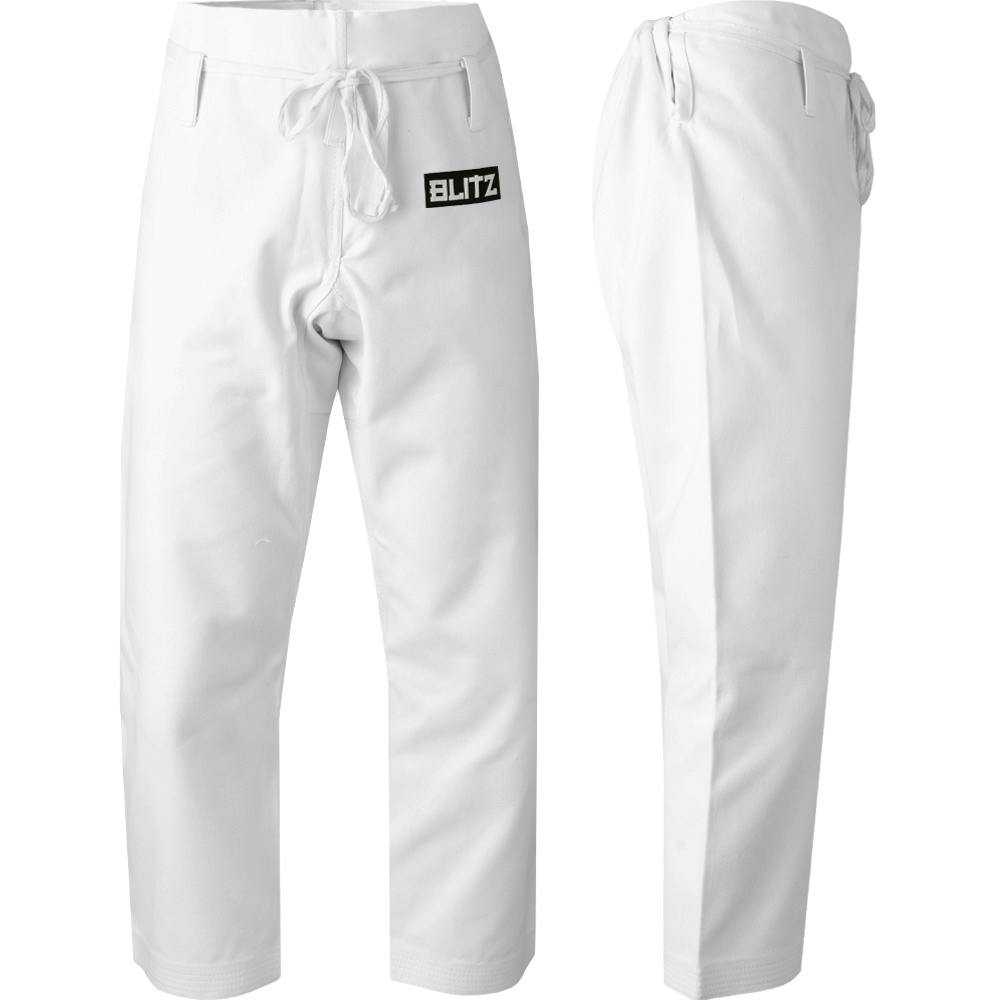 White Blitz Kids middleweight martial arts trousers, 12oz youth karate pants shown with elastic waistband and straight-leg fit.